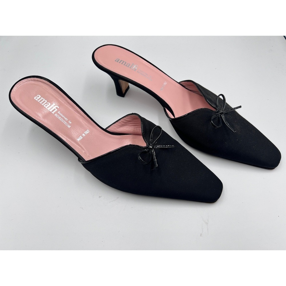 Amalfi Mule Heels Womens 10.5 Black Good Pointed Toe Bow Kitten Heel Italy